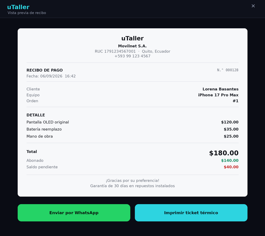 Vista previa de recibo de pago con detalle de repuestos, total, abonado y saldo pendiente